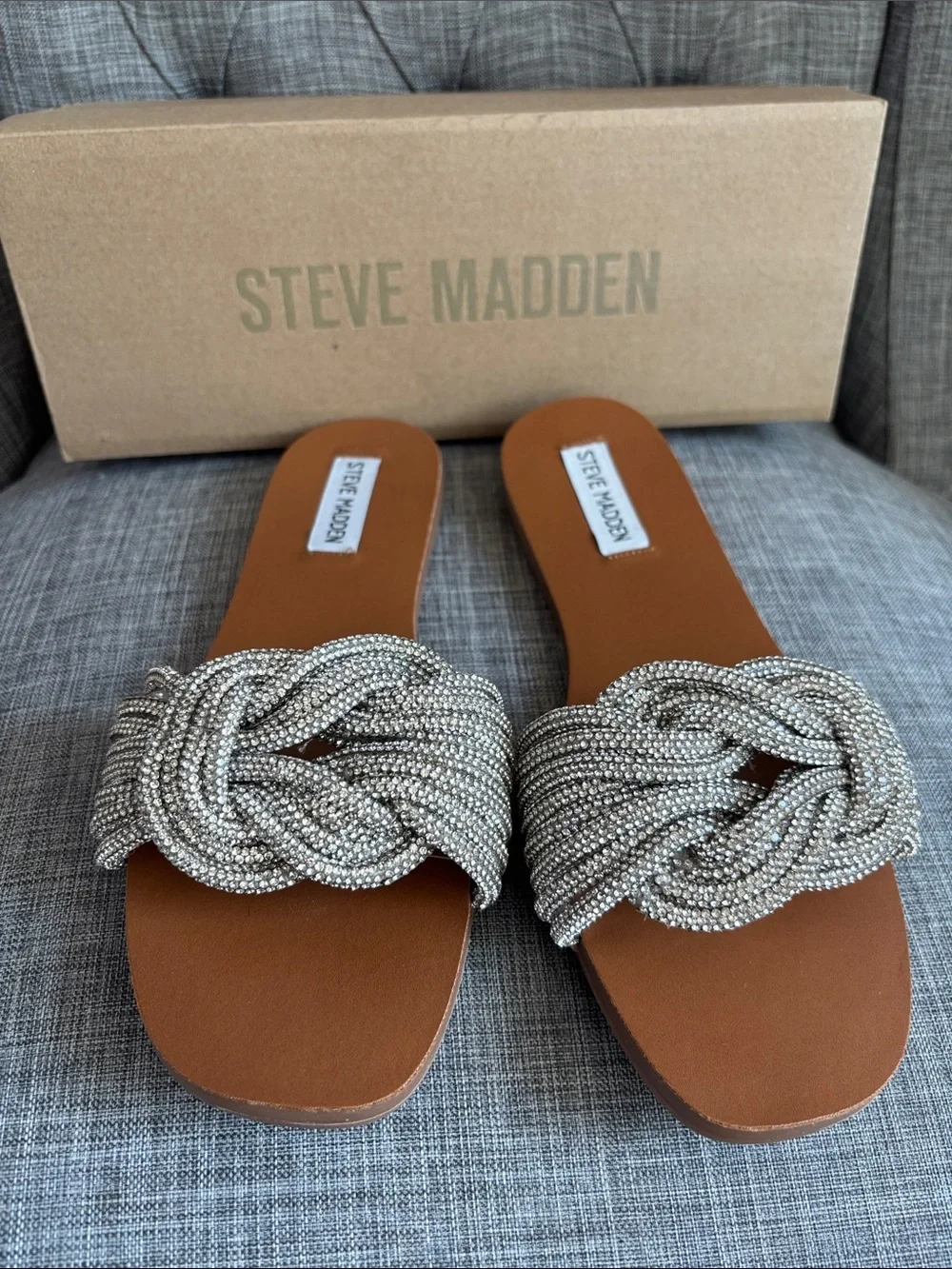 Steve Madden Tan Slide Sandals with Silver Beaded Knot Detail